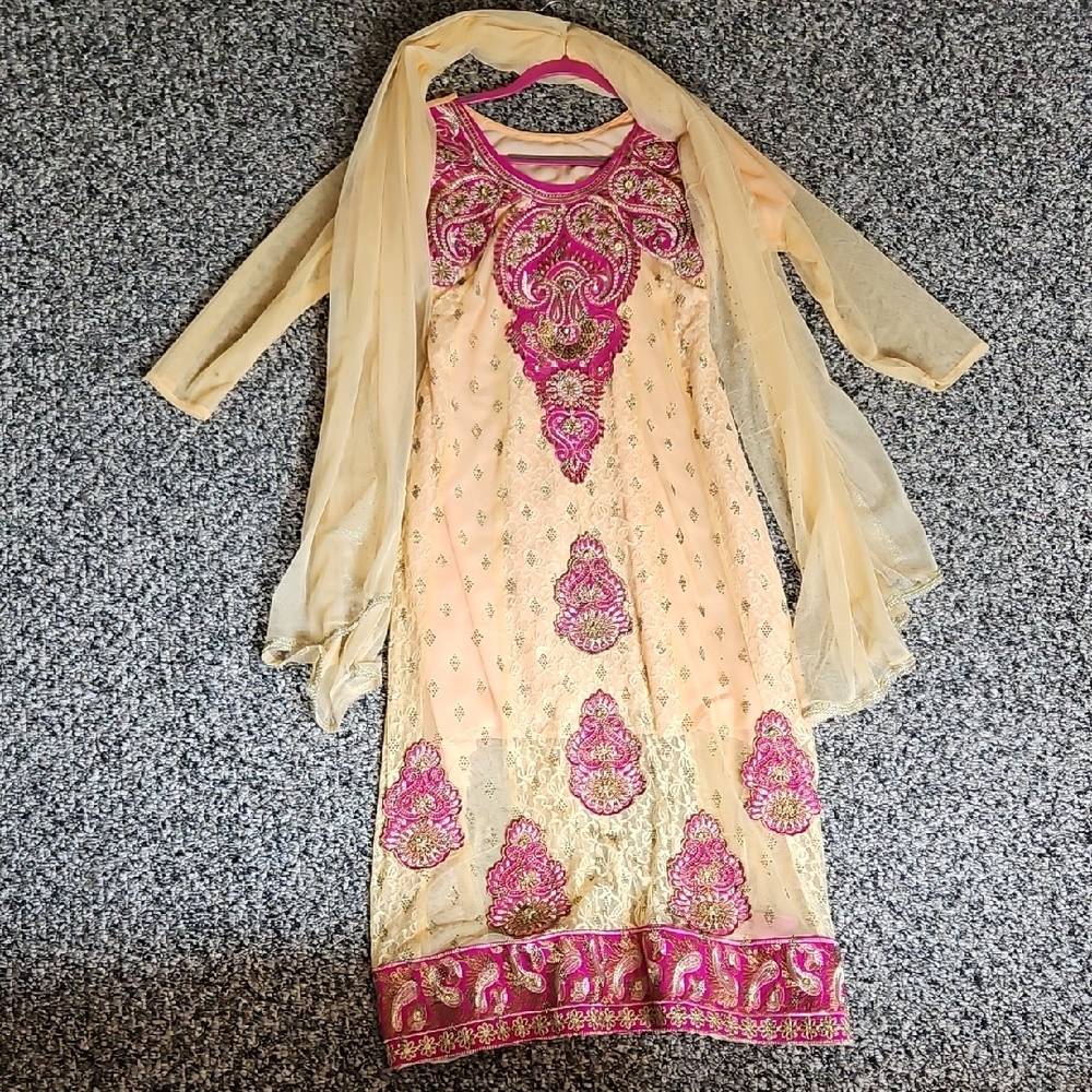 Magenta and Peach Embroidered Dress